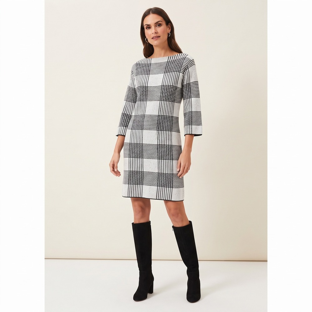 Sandra Darren Sweater Dress Womens Large Black White Plaid Excellent Boat Neck
